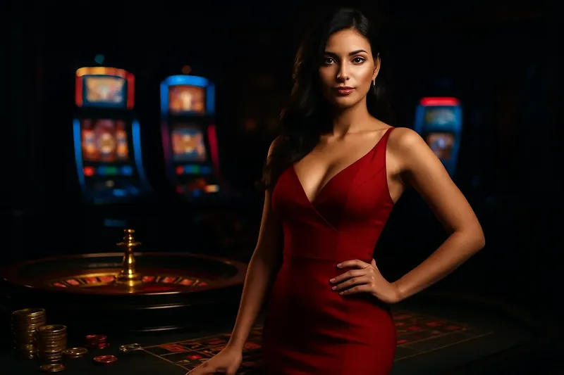 Elegant Casino Banner Beautiful woman in red dress posing confidently near roulette and slot machines in a luxurious Bangladesh casino with neon lights, gold coins, and poker chips