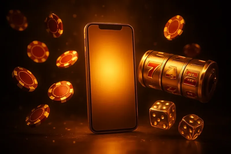 Casino Promo Banner Glowing smartphone surrounded by casino chips, slot reels, and dice on a dark luxurious background